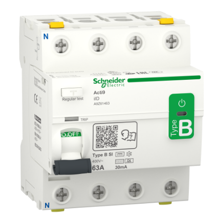 Picture of Residual current circuit breaker (RCCB), Acti9 iID, 4P, 63A, B-SI type, 30mA, double terminal