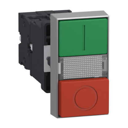 Picture of Illuminated double headed push button, Easy Harmony XA2, plastic, 22mm, 1 green flush I + 1 light + 1 red flush O, 220…230V AC, 1NO + 1NC