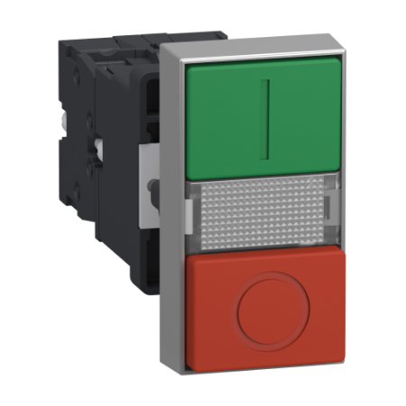 Picture of Illuminated double headed push button, Easy Harmony XA2, plastic, 22mm, 1 green flush I + 1 light + 1 red flush O, 220…230V AC, 1NO + 1NC