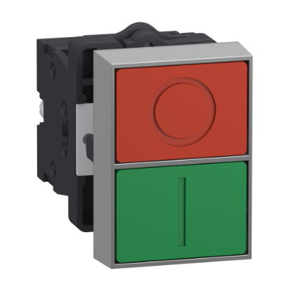 Picture of Double headed push button, Easy Harmony XA2, plastic, 22mm, 1 green flush marked I + 1 red flush marked O, 1NO + 1NC