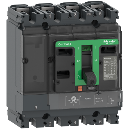 Picture of Circuit breaker, ComPacT NSX100HB2, 100kA/690VAC, 4 poles 4D (neutral fully protected), TMD trip unit 100A