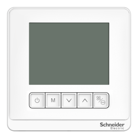 Picture of Thermostat, Spacelogic, fan coil on/off, standalone, LCD 5 Button, 4P, 3 fan, external sensor, 240V, white