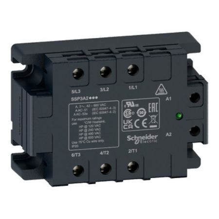 Picture of three phase relay, Harmony Solid State Relays, 25A, panel mount, random switching, thermal pad, input 4 to 32V DC, output 42 to 660V AC