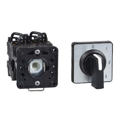 Picture of Cam changeover switch, Harmony K, Ø 22mm, plastic, 1 pole, position 0, 45°, 20A, 45x45mm, metallic legend, marked 2/0/1, 35mm black handle
