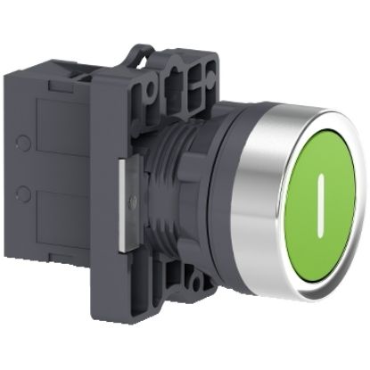 Picture of Complete push button, Easy Harmony XA2, plastic, flush, green, 22mm, spring return, marked I, 1NO