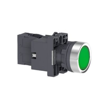 Picture of Complete illuminated push button, Easy Harmony XA2, plastic, flush, green, 22mm, spring return, 24V AC DC, 1NO