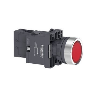 Picture of Complete illuminated push button, Easy Harmony XA2, plastic, flush, red, 22mm, spring return, 220V AC, 1NO