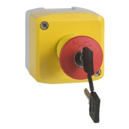 Picture of Complete control station, Harmony XALK, XALD, plastic, yellow lid, 1 red mushroom push button 40mm, key release, 2NC