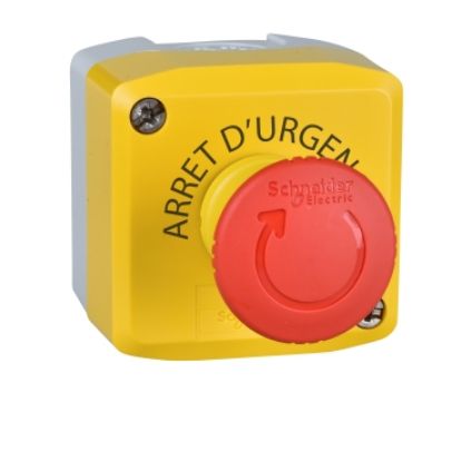 Picture of Complete control station, Harmony XALD, XALK, plastic, yellow lid, 1 red mushroom push button 40mm, turn to release, 2NC