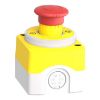 Picture of Control station, Harmony XALD, XALK, plastic, yellow lid, 1 Estop push button 40mm, turn to release, illum ring white red fixed, 1NO 2NC, 24V AC DC