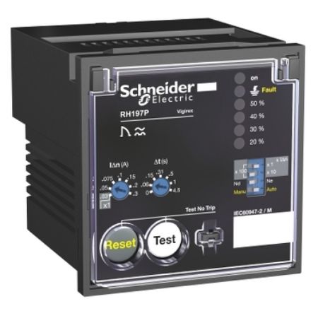 Picture of Residual current protection relay, VigiPacT RH197P, 30mA-30A, 48VAC 50/60Hz, 24/130VDC, alarm 50%, front panel mounting