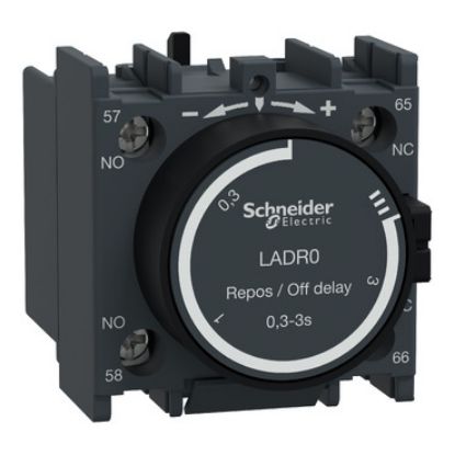Picture of TeSys; TeSys Deca, Time delay auxiliary contact block, 1NO + 1NC, off delay 0.3-3s, front, screw clamp terminals