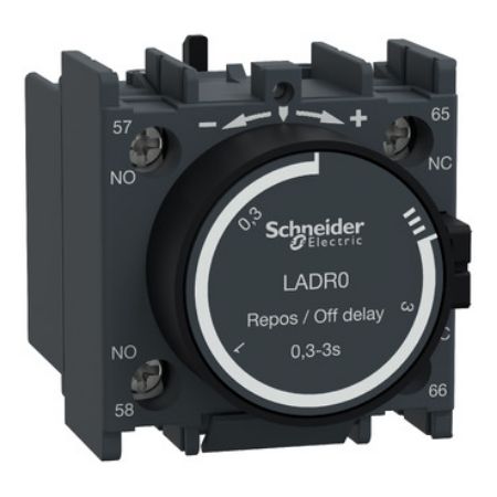 Picture of TeSys; TeSys Deca, Time delay auxiliary contact block, 1NO + 1NC, off delay 0.3-3s, front, screw clamp terminals