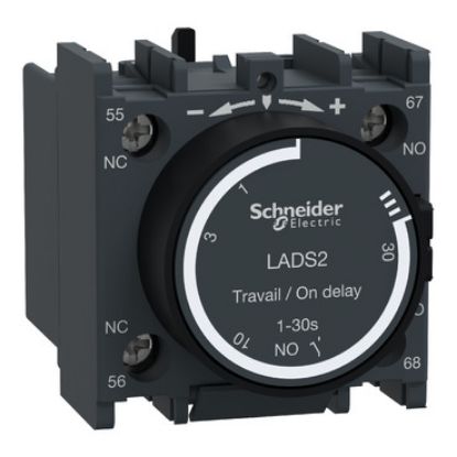 Picture of TeSys; TeSys Deca, Time delay contact block,TeSys Deca, 1NO+1NC,on-delay 1-30s,front,with 40±15ms switching time between NC opening and NO closing
