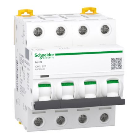 Picture of Miniature circuit breaker (MCB), Acti9 iC60L, 4P, 20A, B curve, 15000A (IEC/EN 60898-1), 25kA (IEC/EN 60947-2)