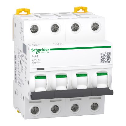 Picture of Miniature circuit breaker (MCB), Acti9 iC60L, 4P, 1A, C curve, 15000A (IEC/EN 60898-1), 100kA (IEC/EN 60947-2)