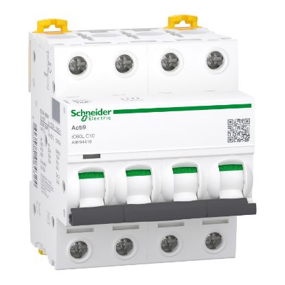 Picture of Miniature circuit breaker (MCB), Acti9 iC60L, 4P, 10A, C curve, 15000A (IEC/EN 60898-1), 25kA (IEC/EN 60947-2)
