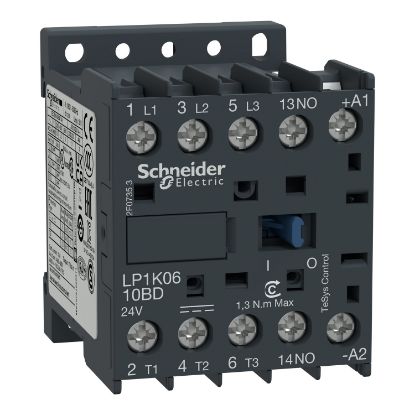 Picture of Contactor, TeSys K, 3P, AC-3/AC-3e, 440V, 6A, 1NO aux, 110V DC coil,screw clamps