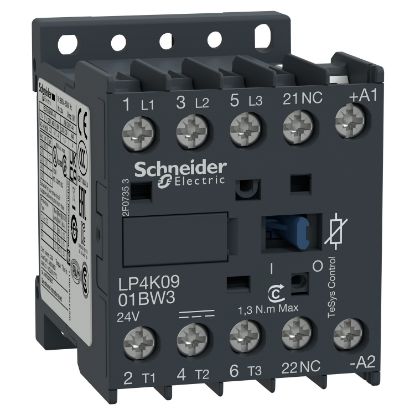 Picture of Contactor, TeSys K, 3P, AC-3/AC-3e, 440V, 9A, 1NC aux, 24V DC low consumption coil