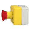 Picture of Control station, Harmony XALK, plastic, yellow lid, 1 red mushroom push button 40mm, turn to release, 1NC with monitoring, unmarked