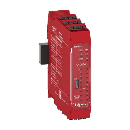Picture of safety controller, Modicon MCM, 8 inputs 4 outputs, combined with backplane expansion connector, spring