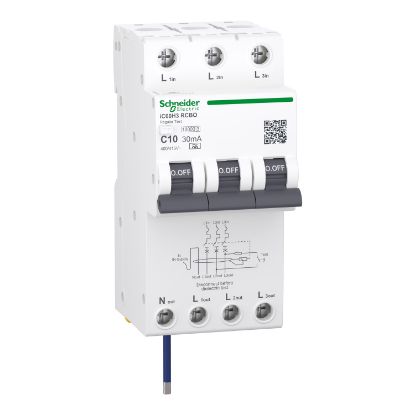 Picture of Residual current breaker with overcurrent protection (RCBO), Acti9 iC60H3, 3P+Ns, C Curve, 10A, 30mA, A type, 10000A