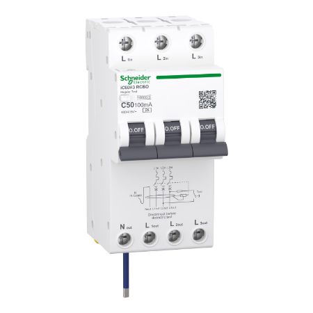 Picture of Residual current breaker with overcurrent protection (RCBO), Acti9 iC60H3, 3P+Ns, C Curve, 50A, 100mA, A type, 10000A
