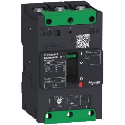 Picture of circuit breaker ComPact NSXm B (25 kA at 415 VAC), 3P 3d, 63 A rating TMD trip unit, compression lugs and busbar connectors
