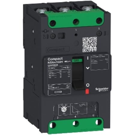 Picture of circuit breaker ComPact NSXm B (25 kA at 415 VAC), 3P 3d, 63 A rating TMD trip unit, compression lugs and busbar connectors
