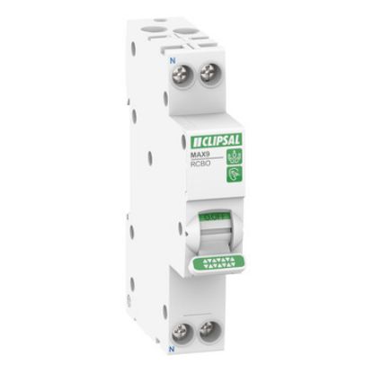 Picture of Clipsal MAX9, Residual Current Breaker with Overcurrent Protection (RCBO), 1PN, 16A, 30mA, C Curve, 6000A, A Type, SLIM, 40ms