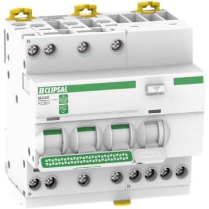 Picture of Clipsal MAX9, Residual Current Breaker with Overcurrent Protection (RCBO), 3PN, 25A, 30mA, C Curve, 6000A, A Type, 5 MOD